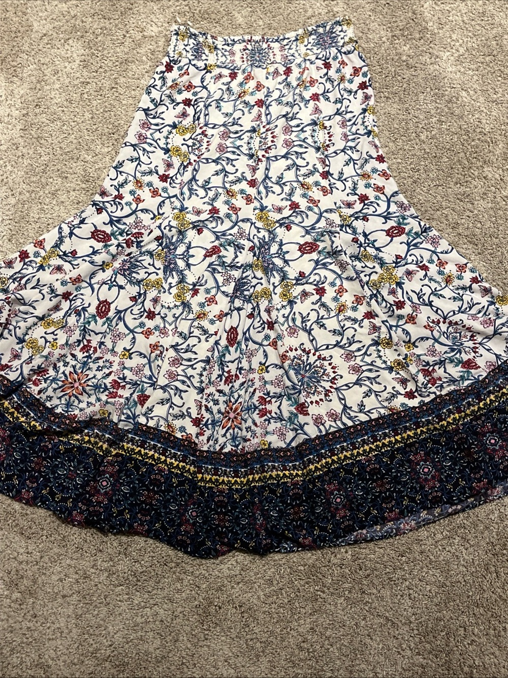Floral Maxi Festival Rayon Skirt in White with Blue, Red & Yellow Accents